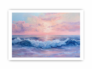 Framed artwork of a sunset over the ocean with pink and blue hues.