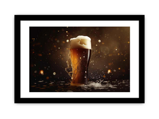 Framed artwork of a glass of beer with foam on a dark background