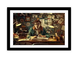 Framed artwork of a person sitting at a desk in a room filled with memorabilia.