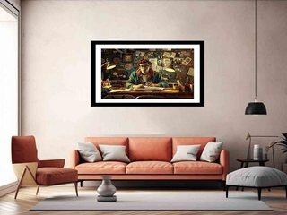 Framed artwork of a man at a desk in a living room with a sofa and chairs.