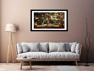 Framed artwork of a person at a desk on a wall above a sofa in a living room.