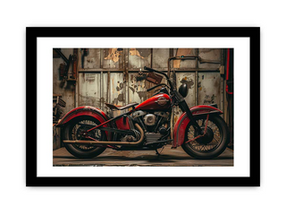 Framed photograph of a red motorcycle in a rustic setting