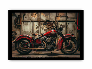 Vintage red motorcycle in a rustic setting with wooden walls and tools.