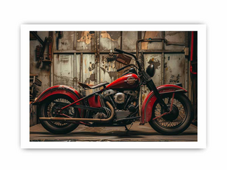 Vintage red motorcycle in a rustic setting with wooden walls.