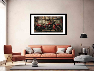 Framed artwork of a motorcycle on a wall above an orange sofa in a living room.