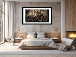Framed motorcycle artwork on a wall above a bed in a modern bedroom.