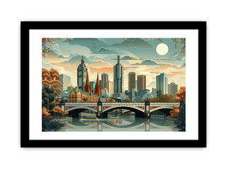 Framed artwork of a cityscape with a bridge and skyline.