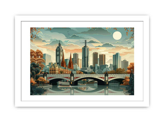 Framed artwork of a cityscape with a bridge and skyline.