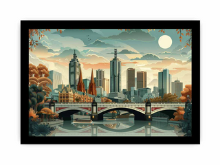 Cityscape with skyline, bridge, and trees in a framed artwork