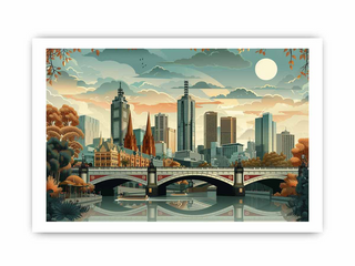 Cityscape with tall buildings and a bridge over water, featuring a warm color palette.