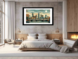 Modern bedroom with a cityscape painting on the wall