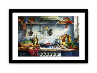 Framed artwork of a kitchen scene with various items on the counter.