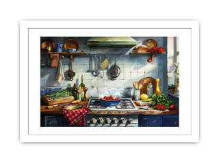 Framed artwork of a kitchen scene with cooking elements.