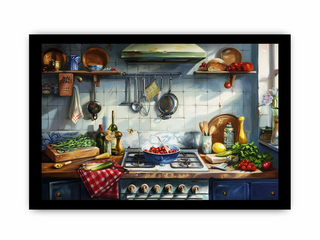 Framed artwork of a kitchen scene with various items on the counter.