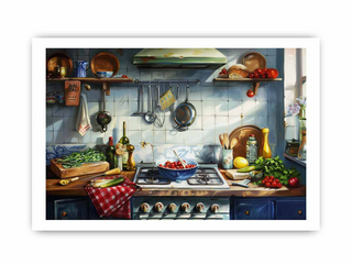 Colorful kitchen scene with stove, pots, pans, and various items on a white background