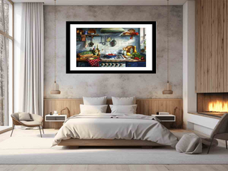 Framed artwork of a kitchen scene above a bed in a modern bedroom.