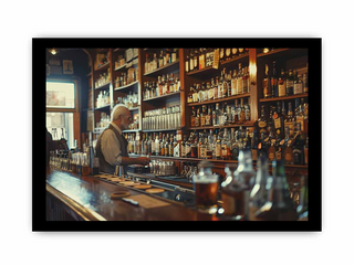 Bar scene with a bartender behind the bar, surrounded by shelves of bottles.