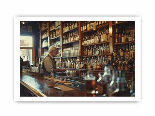 Bar scene with shelves of bottles and a bartender behind the bar.