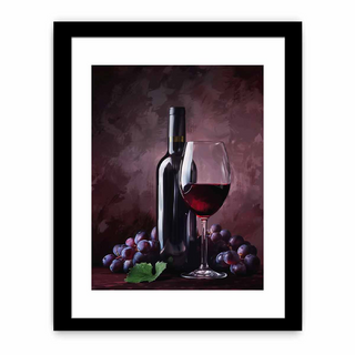 Framed artwork of a wine bottle, glass, and grapes on a dark background