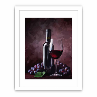 Framed artwork of a wine bottle, glass, and grapes on a dark background