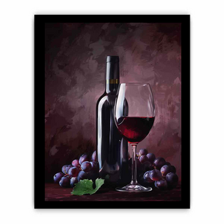 Framed artwork of a bottle and glass of red wine with grapes on a dark background