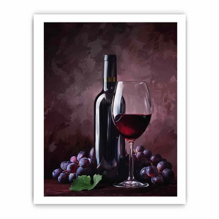 Framed artwork of a wine bottle and glass with grapes on a dark background