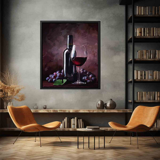 Framed still life painting of a wine bottle and glass on a wall in a room with two orange chairs and a bookshelf.
