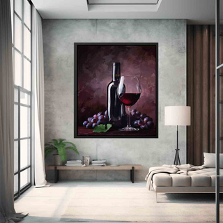 Living room with a painting of a wine bottle and glass on the wall