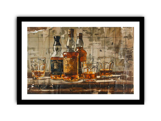 Framed artwork of whiskey bottles and glasses on a wooden surface with a rustic background.
