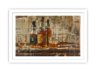 Three bottles of whiskey with glasses on a wooden surface, framed artwork.