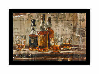 Three bottles of whiskey with glasses on a textured surface
