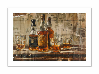 Three bottles of whiskey with glasses on a wooden surface, featuring a rustic background.