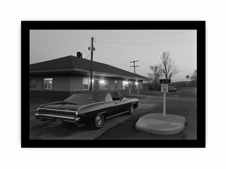 Vintage car parked in front of a building at dusk, black and white photo