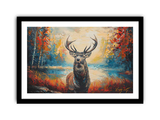 Framed painting of a deer in a forest with autumn colors