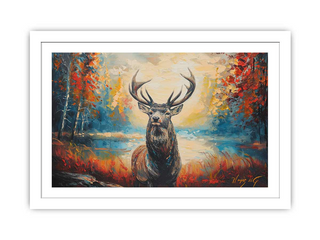 Framed painting of a deer in a forest with autumn colors
