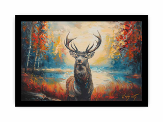 Framed painting of a deer in a forest with autumn colors