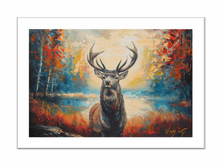 Painting of a deer in a forest with autumn colors