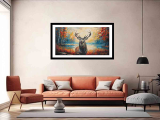 Framed painting of a deer in a forest scene above an orange sofa in a living room.