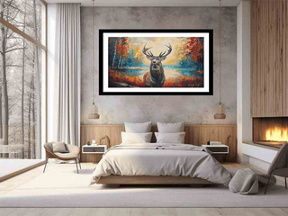 Framed artwork of a deer in a forest scene above a bed in a modern bedroom.