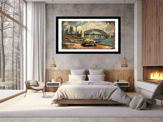 Modern bedroom with a large framed picture on the wall, featuring a cityscape with a bridge.